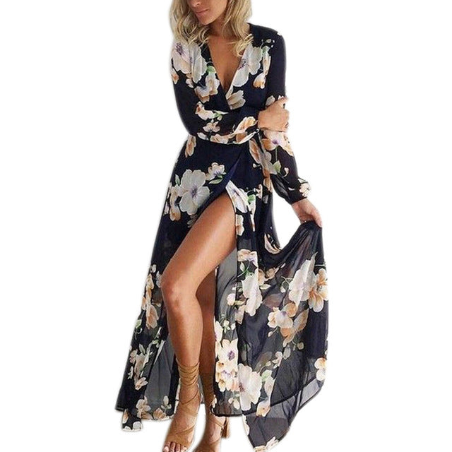 V Neck Chiffon Printed Long Sleeve Summer Dreses