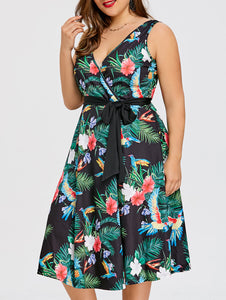 Plus Size Hawaiian Leaf Midi Boho Dress