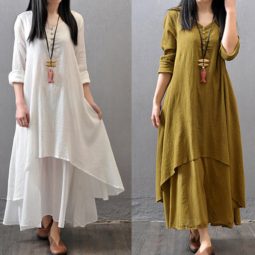 Spring Summer Women Long Cotton Linen Dress