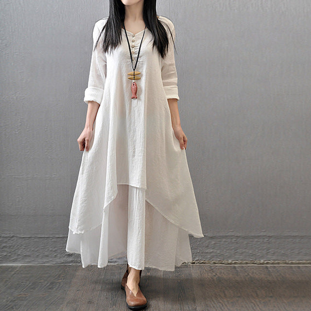 Spring Summer Women Long Cotton Linen Dress