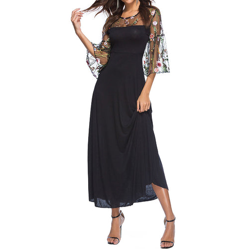 Women Summer Dress Boho Vintage Floral Embroidery Flare Sleeve Mesh Stitching Maxi Dresses